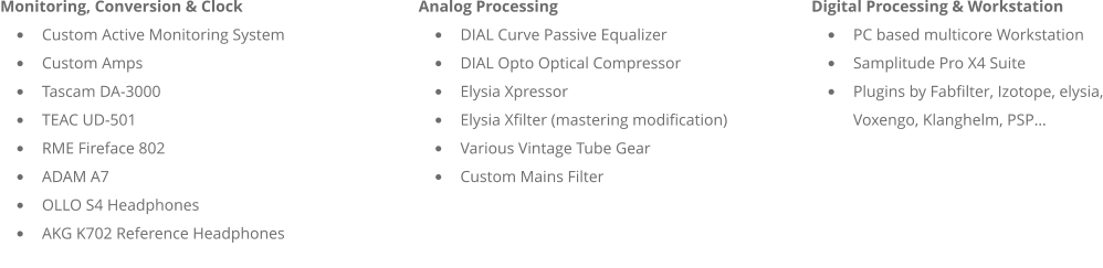 Monitoring, Conversion & Clock •	Custom Active Monitoring System •	Custom Amps •	Tascam DA-3000 •	TEAC UD-501 •	RME Fireface 802 •	ADAM A7 •	OLLO S4 Headphones •	AKG K702 Reference Headphones          Analog Processing •	DIAL Curve Passive Equalizer •	DIAL Opto Optical Compressor •	Elysia Xpressor  •	Elysia Xfilter (mastering modification) •	Various Vintage Tube Gear •	Custom Mains Filter     Digital Processing & Workstation •	PC based multicore Workstation •	Samplitude Pro X4 Suite •	Plugins by Fabfilter, Izotope, elysia,Voxengo, Klanghelm, PSP…